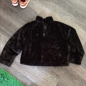 Black Faux Fur Quarter-Zip Pullover